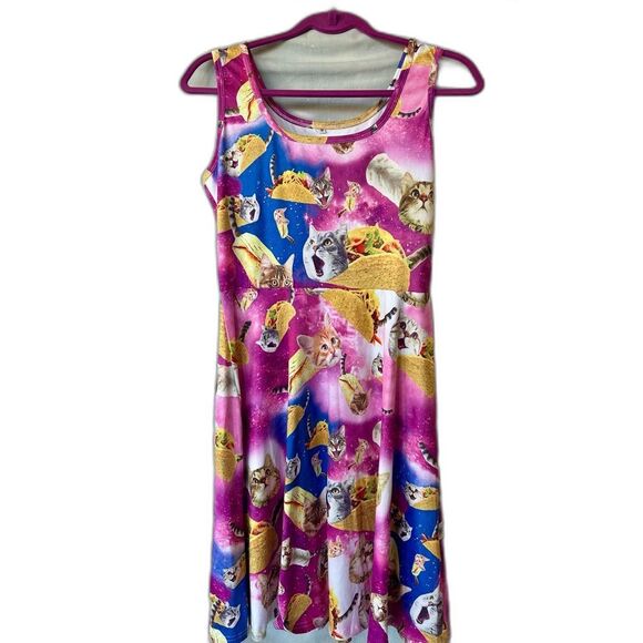 Modcloth Cats and Tacos Fiesta A-line Pink Fit & Flare Retro Funny Dress - Picture 2 of 4